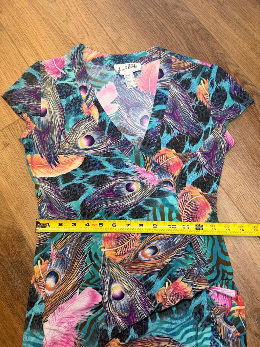 Joseph Ribkoff Faux Wrap Dress Peacock Print Ruffle Hem‎ Stretch Midi Colorful - Picture 13 of 15